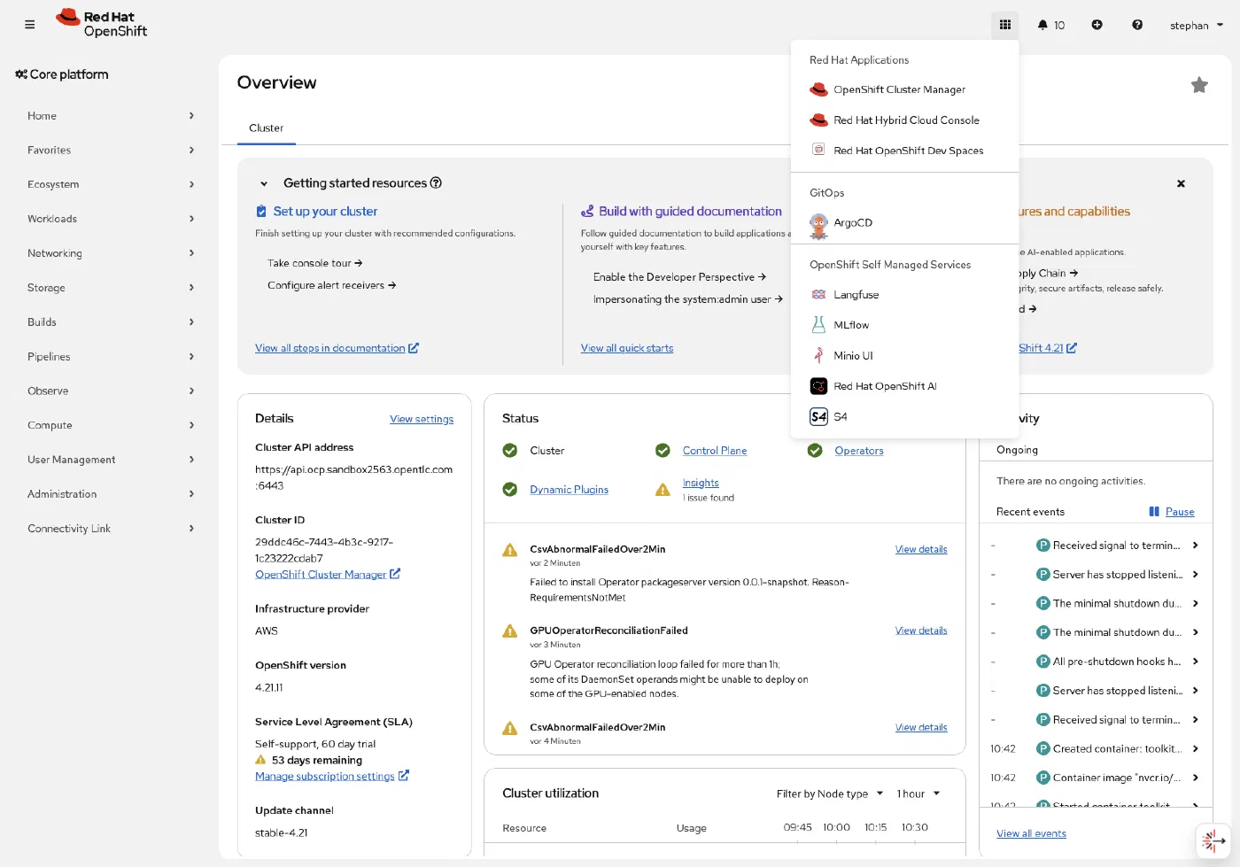 OpenShift web console application launcher with the Red Hat OpenShift Dev Spaces menu entry