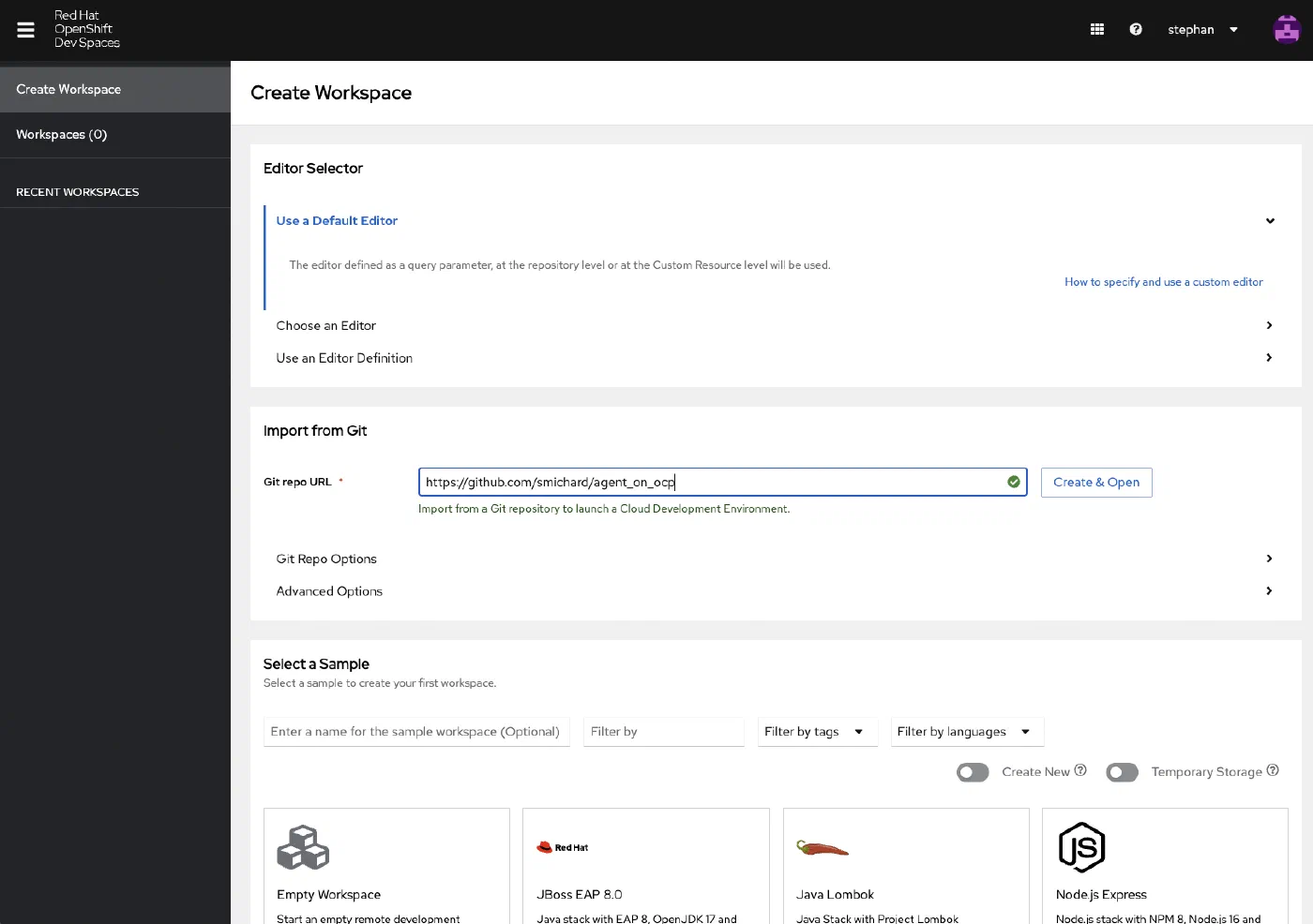 Create Workspace by providing a git repository link